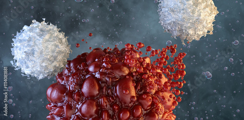 NK cells attacking a cancer cell. The NK cell is releasing cytotoxic granules, which induce apoptosis in the cancer cell. 3D model of cell-mediated cytotoxicity. Immune system's response illustration photo