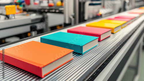 Book factory. Colorful books on a conveyor belt, showcasing a modern printing or binding process in a vibrant industrial setting.