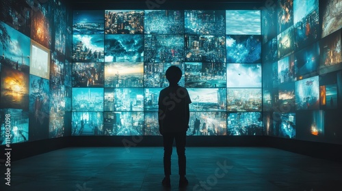 The viewer stands contemplatively before a vast video wall that displays an array of images.