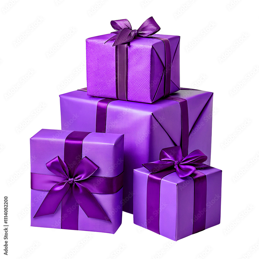 Obraz premium Purple and pink gift boxes PNG isolated on transparent background 2025 - shiny gold ribbon, festive present for birthday, Christmas, New Year, Valentine's, anniversary, event mockup, holiday download