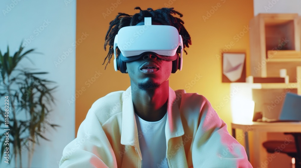 Person wearing VR headset in a colorful room Person wearing VR headset in a colorful room