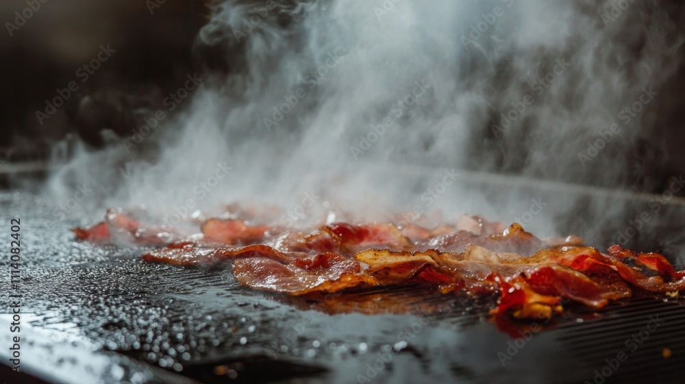 Sizzling Strips of Bacon Cooking on a Hot Grill with Steam Sizzling Strips of Bacon Cooking on a Hot Grill with Steam