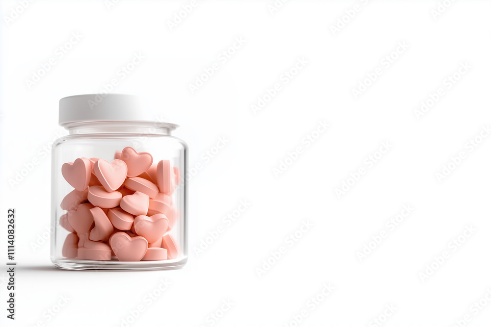 Pink heart shaped pills in a glass medicine jar on a white background. Advertisement of medicines for Valentine's Day. Pink heart shaped pills in a glass medicine jar on a white background. Advertisement of medicines for Valentine's Day.