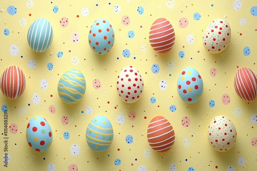 Obraz premium Colorful Patterned Easter Eggs on Yellow Background