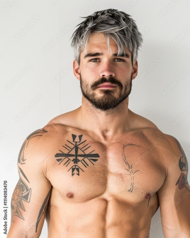 Fototapeta premium A muscular man with silver hair and intricate tattoos poses against a minimalistic background, This image can be used for fitness, lifestyle articles, or promotional content featuring body art,