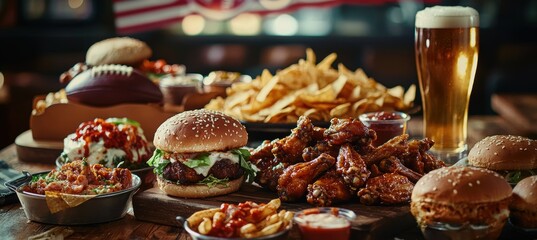 Classic American Super Bowl Snack Spread with Wings, Nachos, Sliders, and Beer Glass
