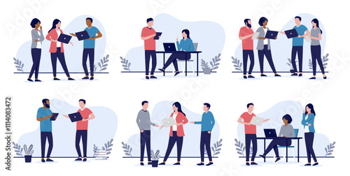 People working on computers illustrations collection - Businesspeople with laptop computers doing work and talking in workplace office setting. Flat design vector stock graphics on white background