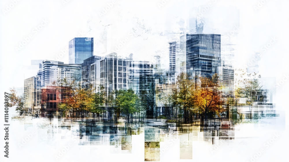 Obraz premium Abstract cityscape with modern buildings and autumn trees. Stunning architectural composition in a vibrant urban setting.