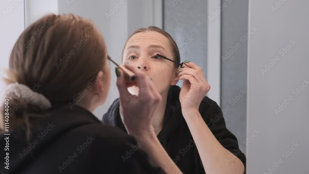 Young woman applying mascara in front of a mirror, showcasing a beauty routine in slow motion Young woman applying mascara in front of a mirror, showcasing a beauty routine in slow motion