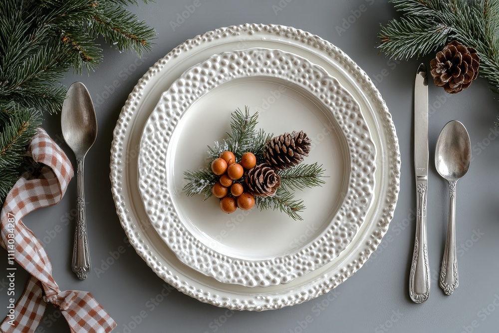 Christmas Table Setting with White Plate, Napkin, Spoon, and Decorations on Gray Background, Flat Lay Mockup for Menu Design Christmas Table Setting with White Plate, Napkin, Spoon, and Decorations on Gray Background, Flat Lay Mockup for Menu Design