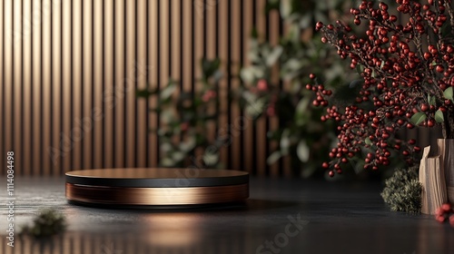 Elegant Minimalist Product Display with Copper and Black Platform, Red Berries, and Wooden Background