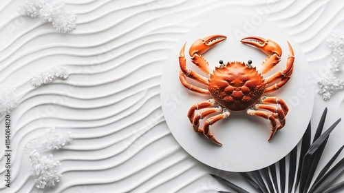 A crab on a white plate. Minimalist seafood still life. Culinary art with a touch of marine elegance. Perfect for food blogs, restaurant menus, and seafood promotions. photo