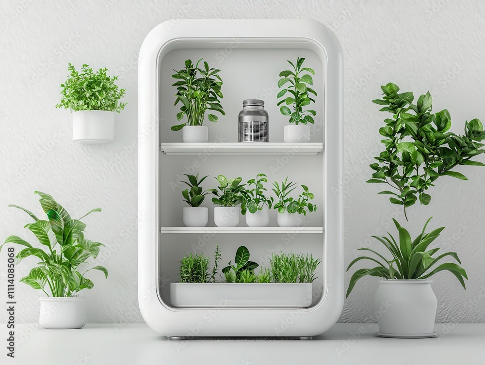 Fototapeta premium Innovative indoor gardening solutions vintage smart home concept with air-cooling features modern kitchen plant collection minimalist environment aesthetic viewpoint