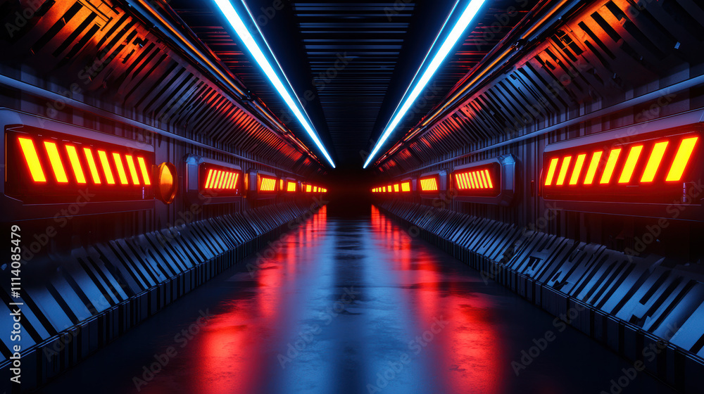 Fire alarm evacuation signal concept. A futuristic corridor with glowing blue and red lights, creating a dramatic and sci-fi atmosphere. Fire alarm evacuation signal concept. A futuristic corridor with glowing blue and red lights, creating a dramatic and sci-fi atmosphere.