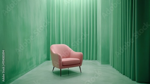 Minimalist green-walled room with a stylish pink armchair placed asymmetrically for a playful yet clean design concept