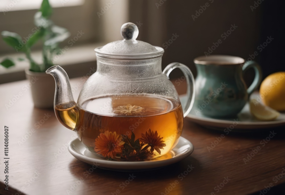 A glass cup of steaming tea and teapot on a wooden table A glass cup of steaming tea and teapot on a wooden table