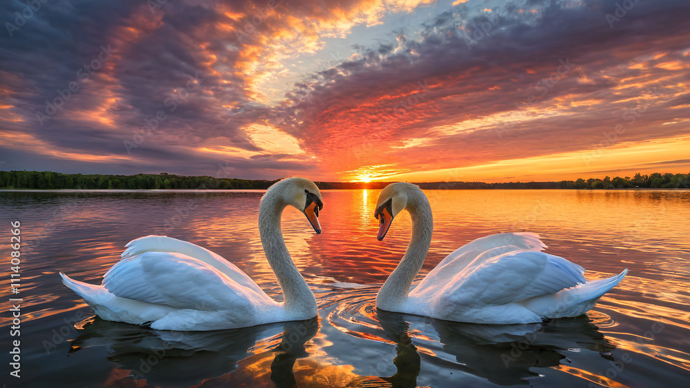 Fototapeta premium two swan in the lake with sunset view