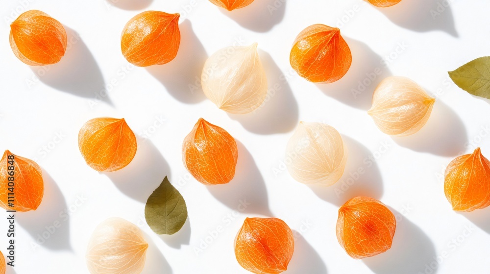 Fototapeta premium Ripe physalis with green leaves on a white background