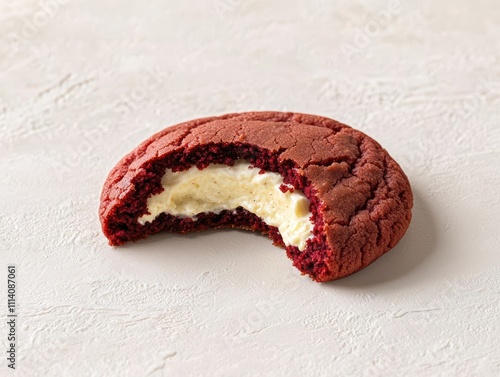 Delicious red velvet cookie with creamy filling, half eaten.