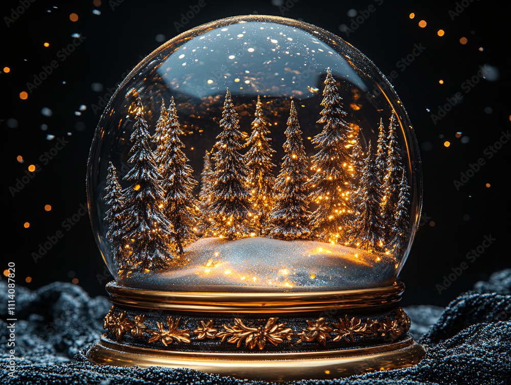 a snow globe with a golden base, set against a snowy surface and a dark background. Inside the globe, miniature pine trees and snowflakes are visible. The globe is illuminated, creating a cozy winter 
