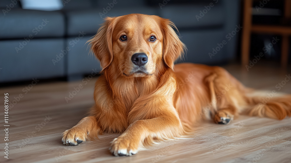 Golden retriever relaxing indoors on wooden floor in cozy living room during daylight hours. Generative AI Golden retriever relaxing indoors on wooden floor in cozy living room during daylight hours. Generative AI