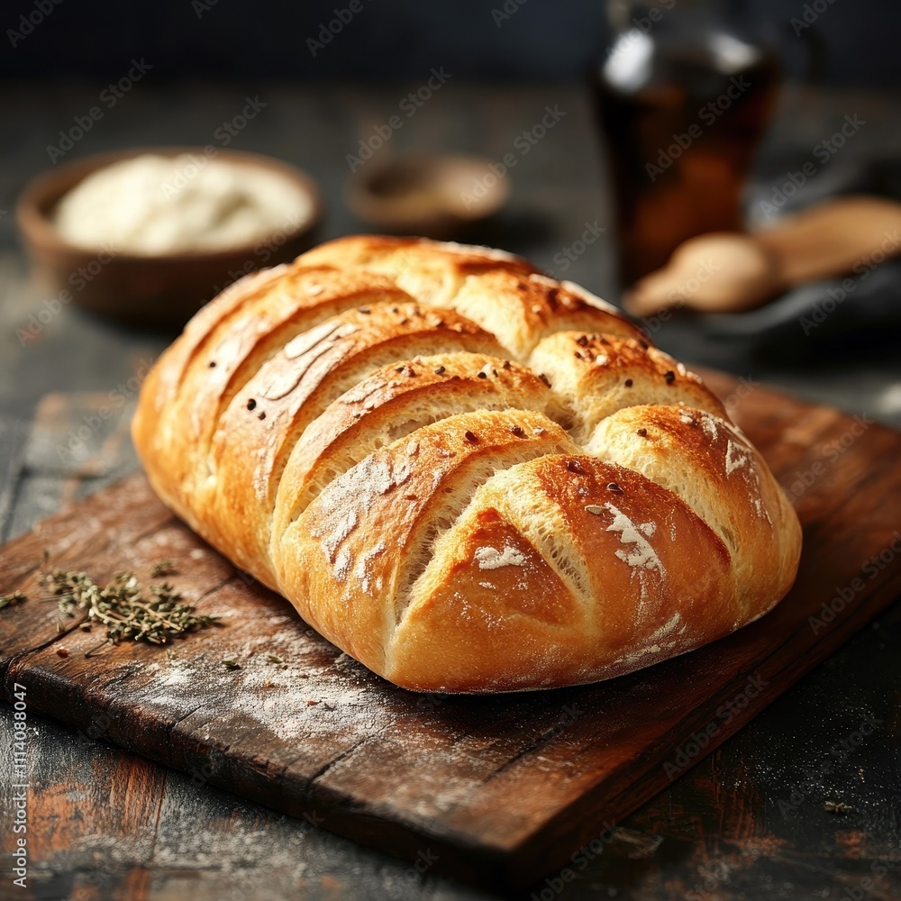 A beautifully crafted loaf of artisan bread with a golden crust, highlighting the skill and texture of traditional baking. A beautifully crafted loaf of artisan bread with a golden crust, highlighting the skill and texture of traditional baking.