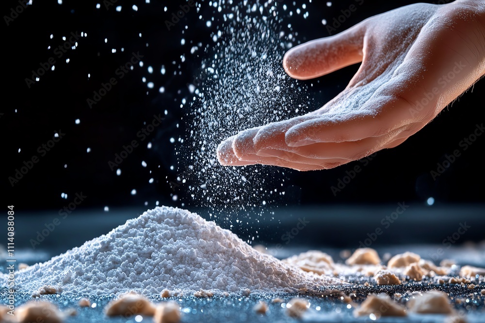 Fototapeta premium A hand sprinkling salt over a heap, creating a culinary scene.