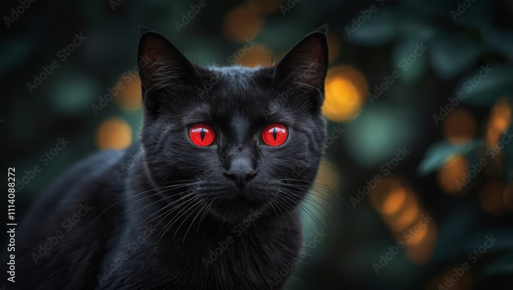 Fototapeta premium Black cat red eyes peering from the darkness