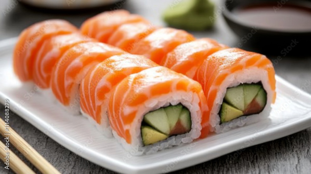 Fresh Salmon Sushi Rolls on a White Plate with Wasabi Fresh Salmon Sushi Rolls on a White Plate with Wasabi