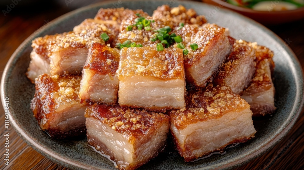 Crispy Pork Belly Served on a Plate with Green Onion Garnish Crispy Pork Belly Served on a Plate with Green Onion Garnish