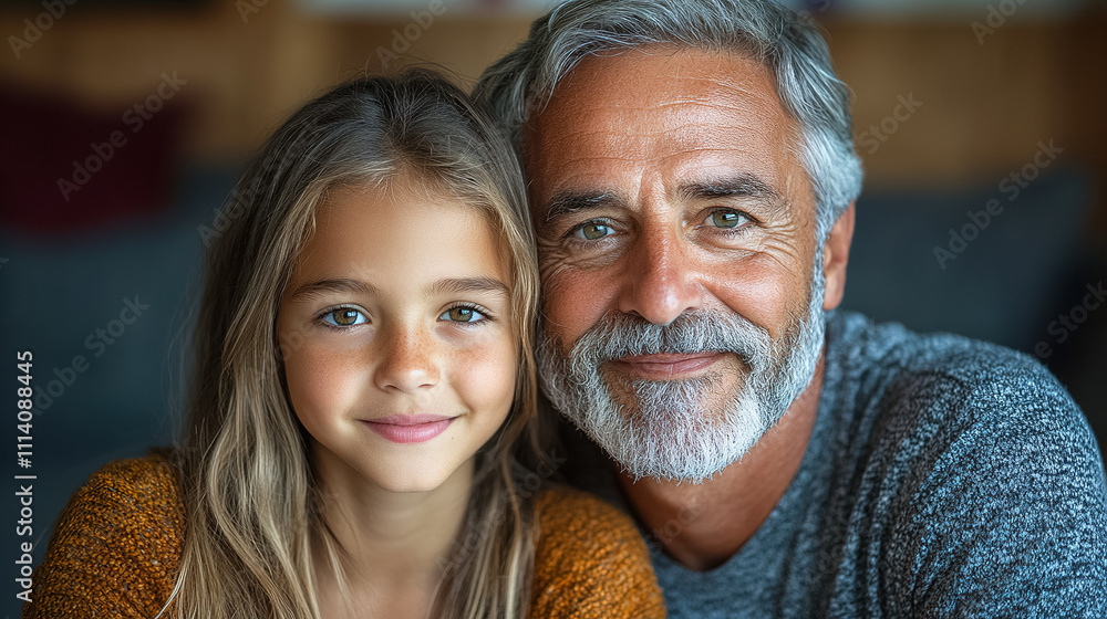 Grandfather and granddaughter share a joyful moment together in a cozy living room setting. Generative AI Grandfather and granddaughter share a joyful moment together in a cozy living room setting. Generative AI