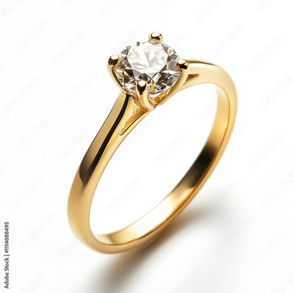 A solitary, yellow gold, engagement diamond ring is isolated on a white background. A solitary, yellow gold, engagement diamond ring is isolated on a white background.