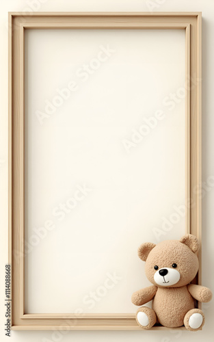 Beige frame with teddy bear and blank space for nursery projects