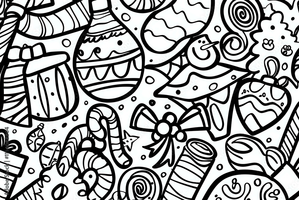 Naklejka premium Whimsical Winter Wonderland: Festive Ornaments, Candy Canes, and Gifts in a Joyful Doodle Design, Perfect for Coloring Pages and Holiday Cheer.