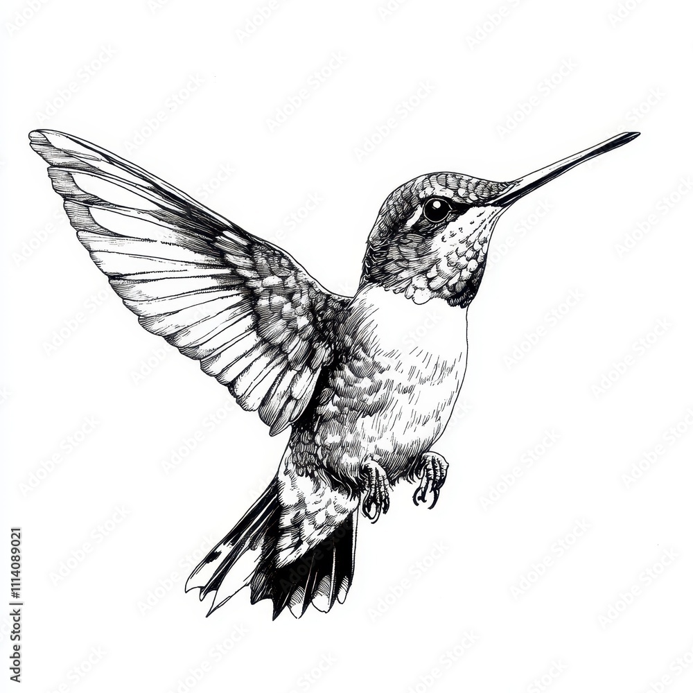 Fototapeta premium Hand-drawn black and white ink illustration of a hummingbird on a white background.