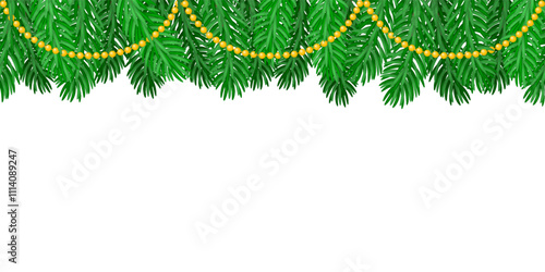 Fir branches and gold beads garland vector illustration. Christmas and winter holidays decoration. Bottom seamless border design for banner and card with empty space for text.