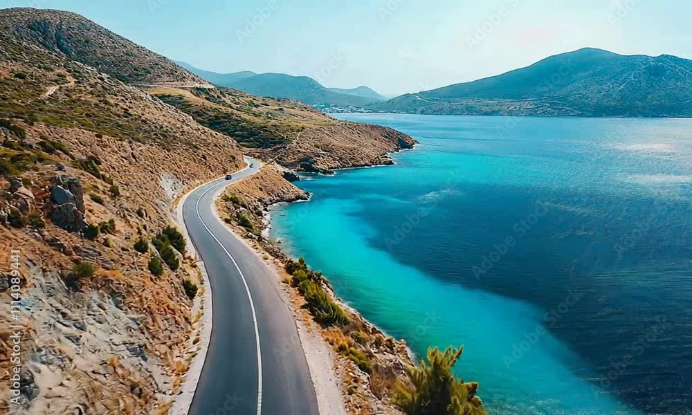 Scenic coastal road winding along a vibrant blue sea and mountainous landscape.
