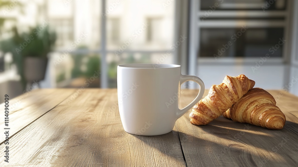 White Coffee Mug on Wooden Table in Kitchen with Croissants White Coffee Mug on Wooden Table in Kitchen with Croissants