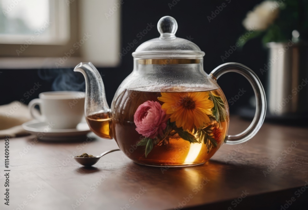 A glass cup of steaming tea and teapot on a wooden table A glass cup of steaming tea and teapot on a wooden table