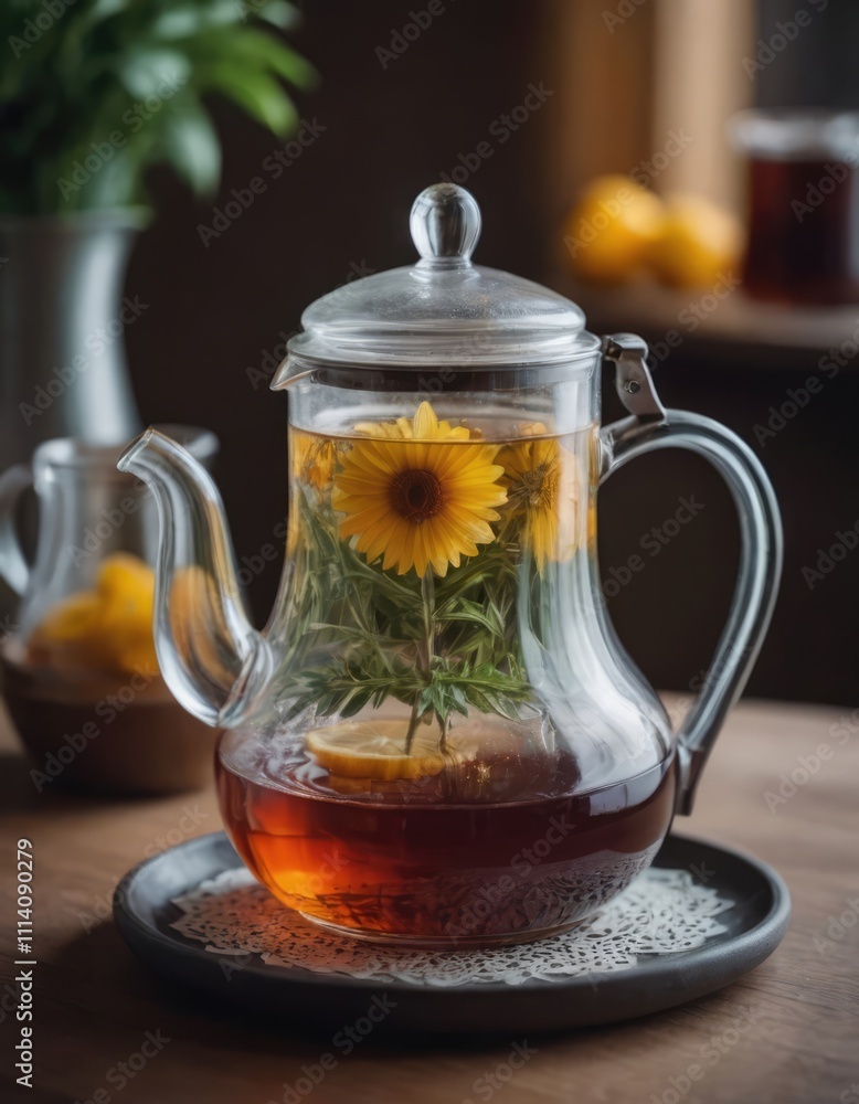 A glass cup of steaming tea and teapot on a wooden table A glass cup of steaming tea and teapot on a wooden table