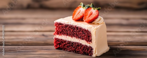 Delicious red velvet cake topped with fresh strawberries.