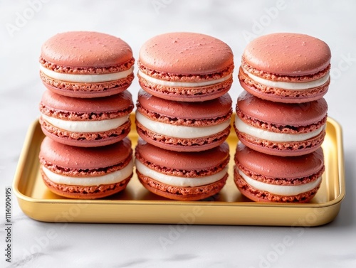 Delicious pink macarons stacked on a golden tray.