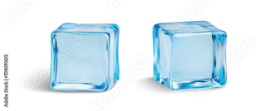 Close-up of two clear, blue-tinged ice cubes with smooth edges and detailed texture, isolated on a white background. 3d water ice cube piece vector illustration