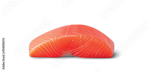 Close-up of a fresh, vibrant raw salmon fillet with visible marbling and smooth texture, isolated on a white background. 3D vector illustration