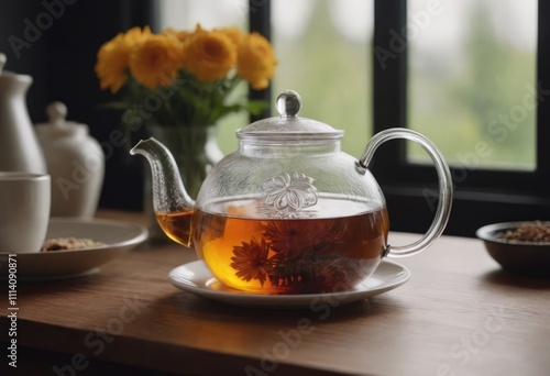 A glass teapot with aromatic tea sits gracefully on a wooden table