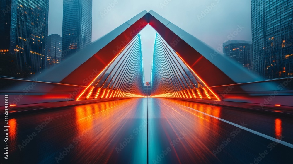 Obraz premium Futuristic bridge illuminated by interactive neon lights over a calm river