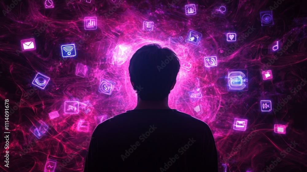Digital Overload - Surreal Concept Art of a Person Entranced by Social Media Chaos Digital Overload - Surreal Concept Art of a Person Entranced by Social Media Chaos