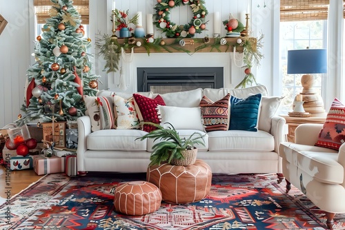 Cozy Living Room Decor: Festive Christmas Tree and Mantle Styling with Red and Gold Ornaments, Colorful Pillows and a Vibrant Rug for a Warm Holiday Atmosphere photo