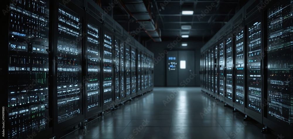 Data centers filled with rows and rows of servers as blinking light indicate constant processing, high detail, cinematic angle composition Data centers filled with rows and rows of servers as blinking light indicate constant processing, high detail, cinematic angle composition