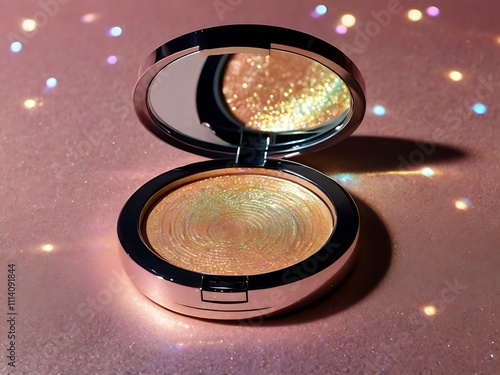 Glittery golden compact makeup powder in rose gold case photo